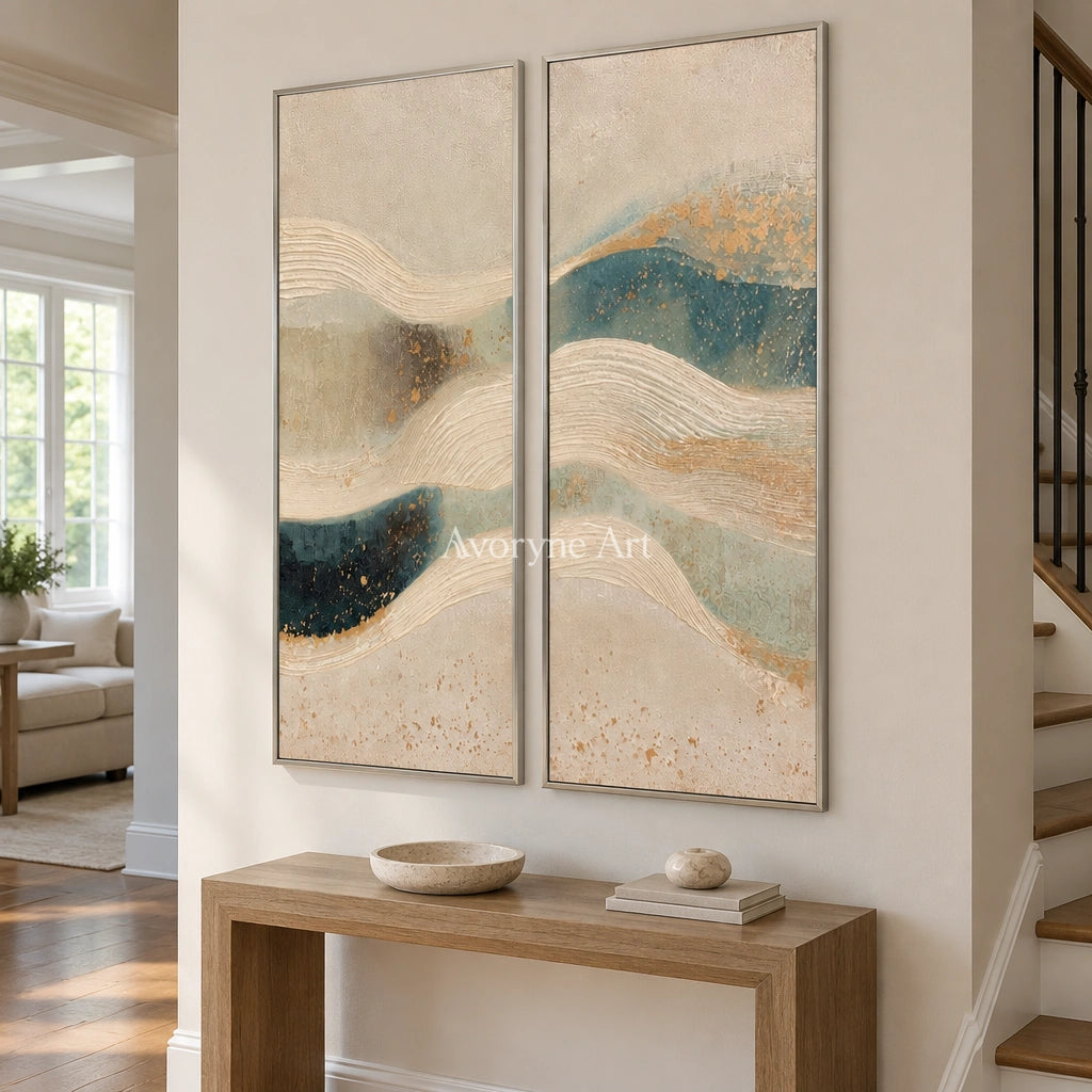 Amber Horizon ripple relief diptych with a silver frame in an entryway