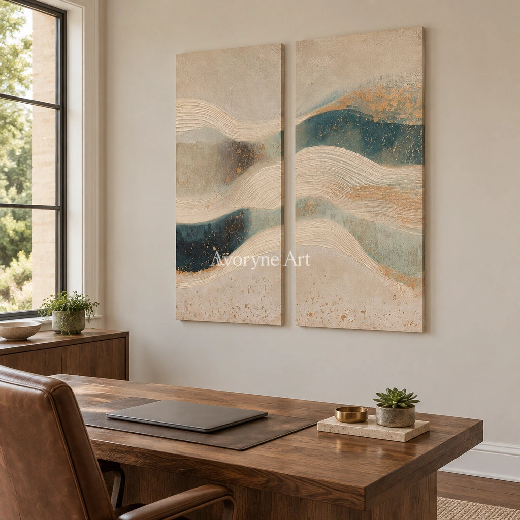 Amber Horizon ripple relief diptych as a frameless stretched canvas in a home office