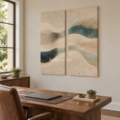Amber Horizon ripple relief diptych as a frameless stretched canvas in a home office