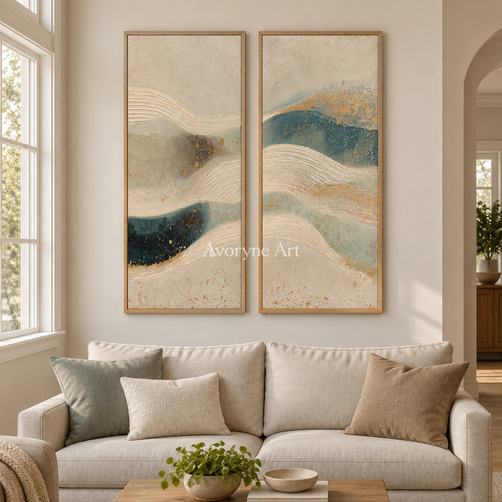 Amber Horizon ripple relief diptych with a wood frame in a villa living space