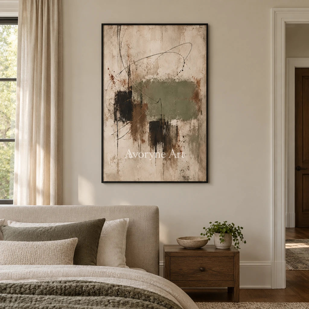 Aster Solace: Sage Abstract Art — bedroom black