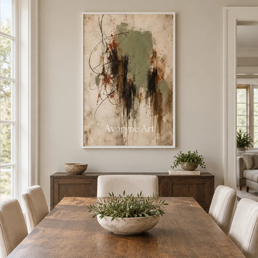 Aster Drift: Sage Abstract Art — dining white