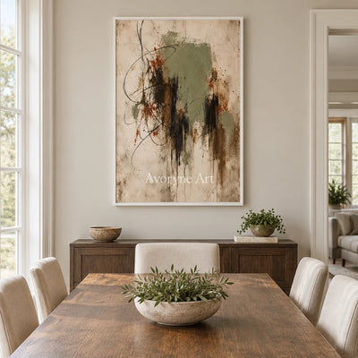 Aster Drift: Sage Abstract Art — dining white
