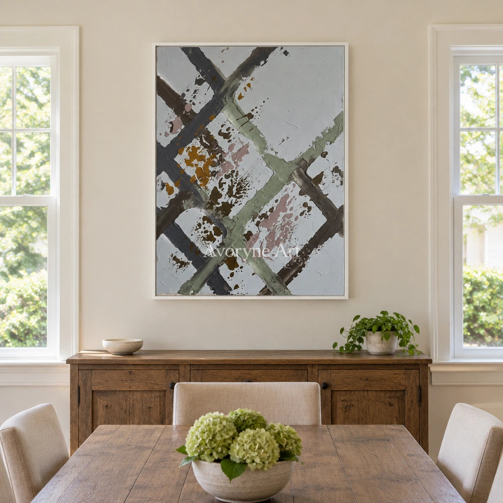 Weathered Cadence sage earth grid wall art with a white frame in a dining room