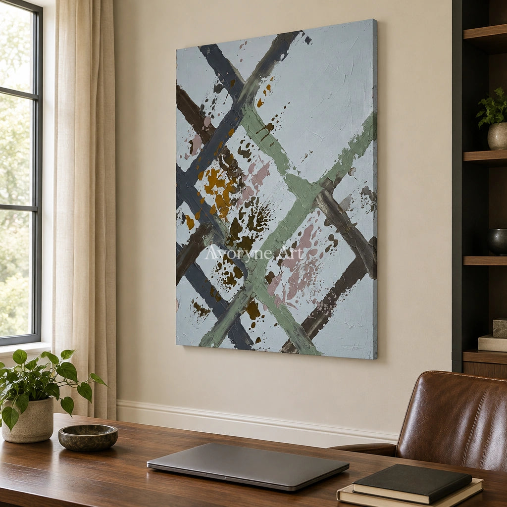 Weathered Cadence sage earth grid wall art as a frameless stretched canvas in a home office