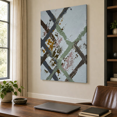Weathered Cadence sage earth grid wall art as a frameless stretched canvas in a home office
