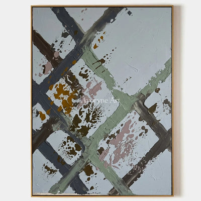 Weathered Cadence, hand-painted sage earth grid wall art by Lin Qiao