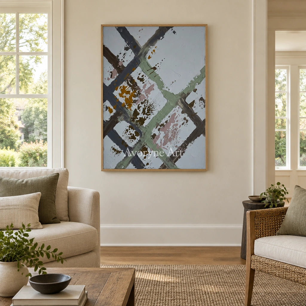 Weathered Cadence sage earth grid wall art with a wood frame in a villa living space