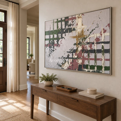 Weathered Gesture sage earth grid wall art with a silver frame in an entryway