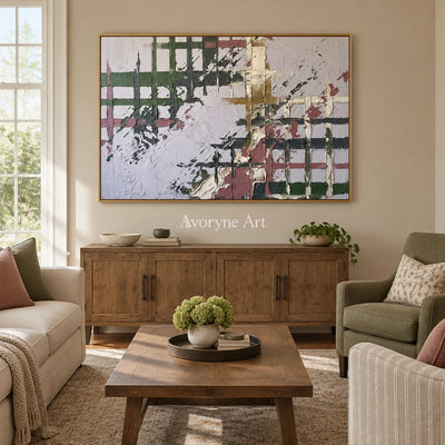 Weathered Gesture sage earth grid wall art with a gold frame hanging in a living room