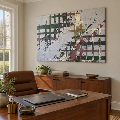 Weathered Gesture sage earth grid wall art as a frameless stretched canvas in a home office