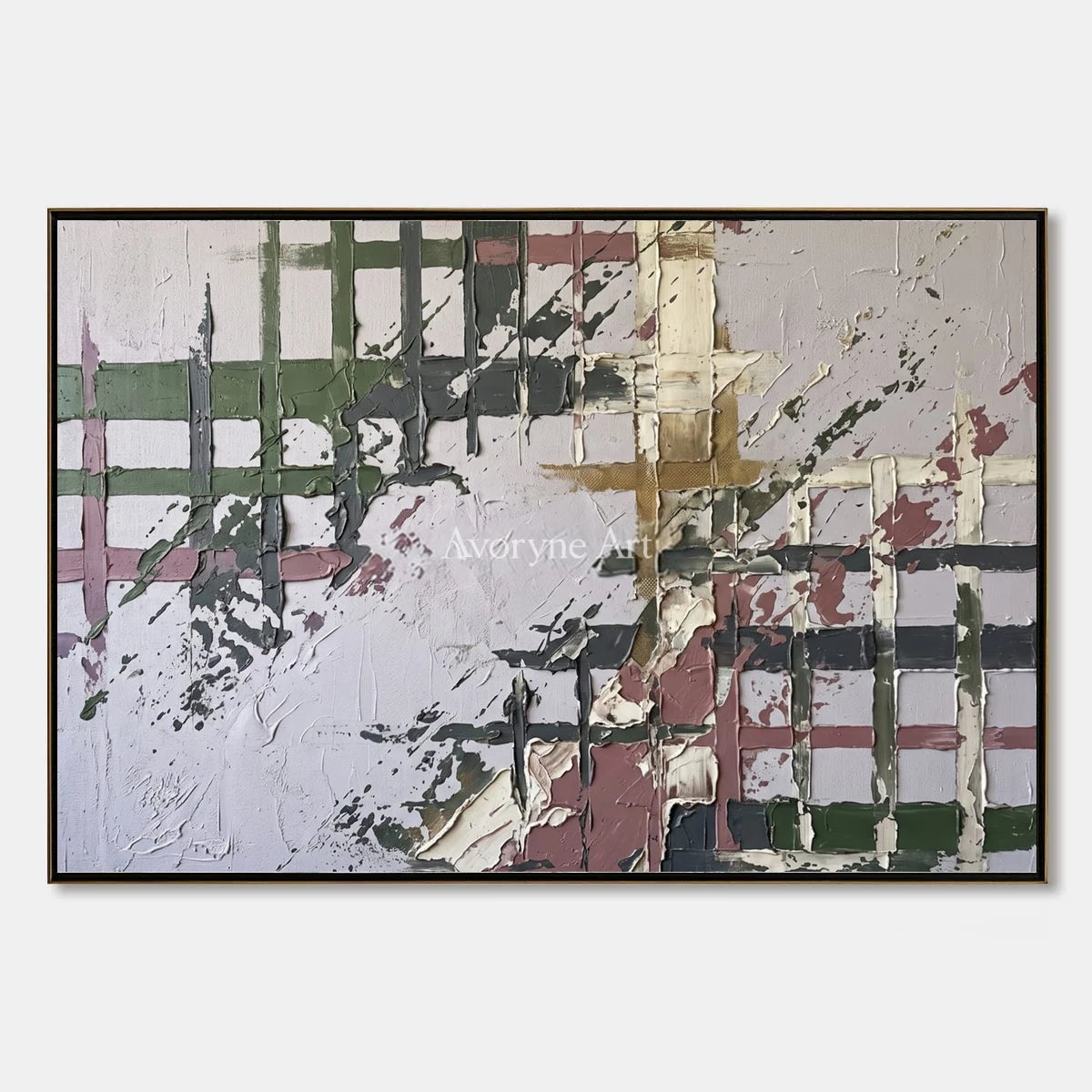 Weathered Gesture, hand-painted sage earth grid wall art by Lin Qiao