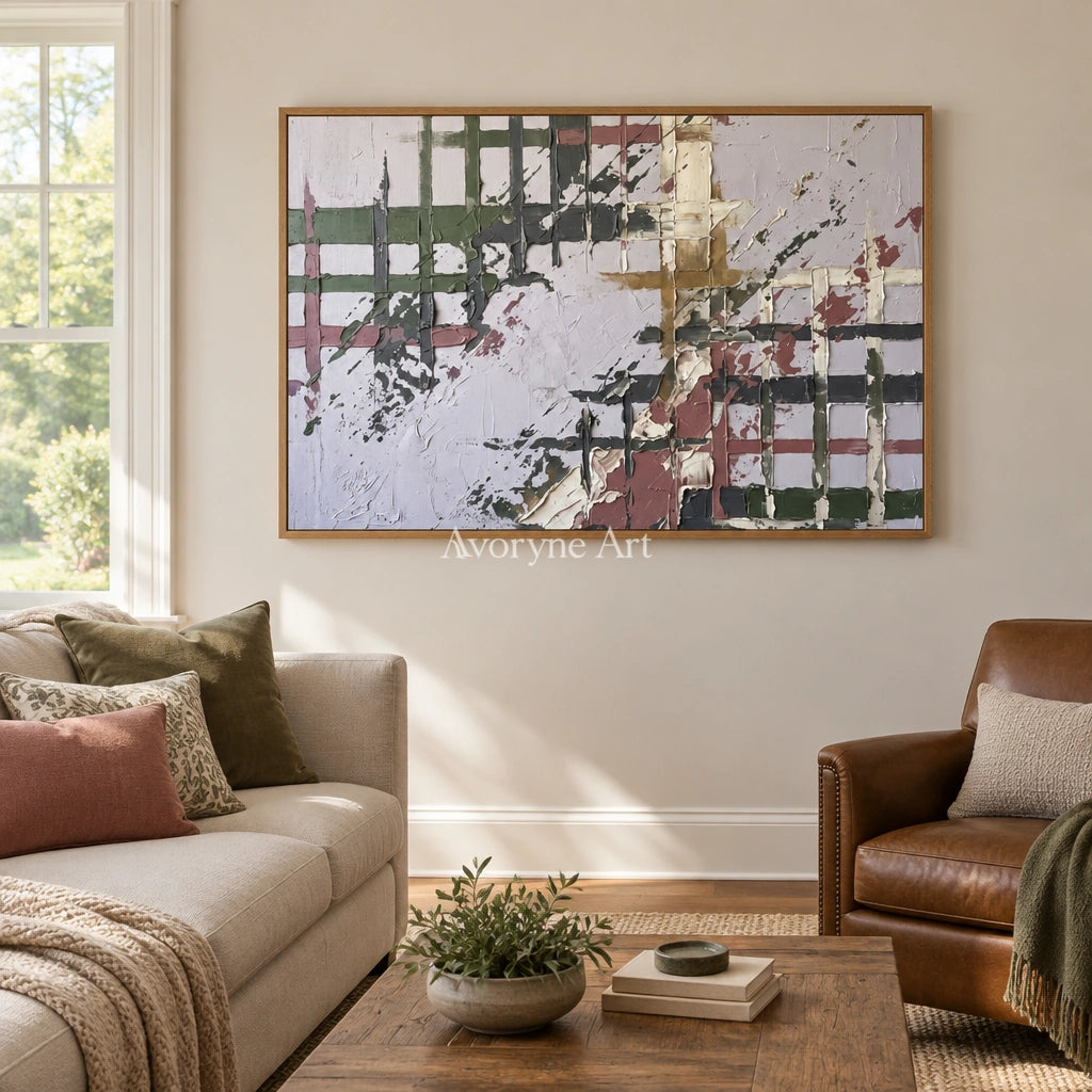 Weathered Gesture sage earth grid wall art with a wood frame in a villa living space