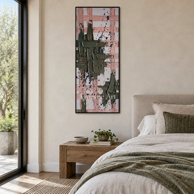 Weathered Memory sage earth grid wall art with a black frame above a bed in a bedroom