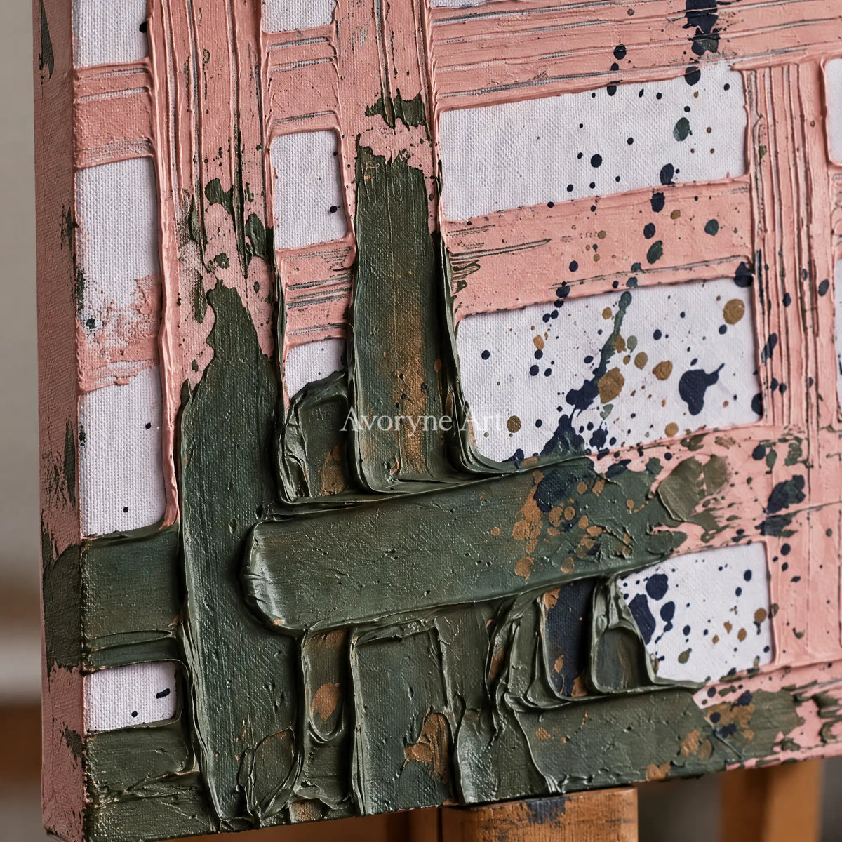 Close-up of the hand-painted texture of Weathered Memory sage earth grid wall art on an easel