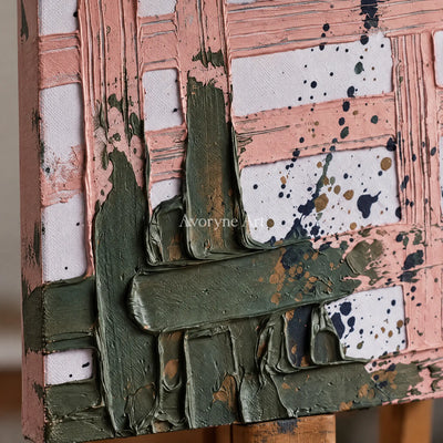 Close-up of the hand-painted texture of Weathered Memory sage earth grid wall art on an easel