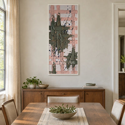 Weathered Memory sage earth grid wall art with a white frame in a dining room