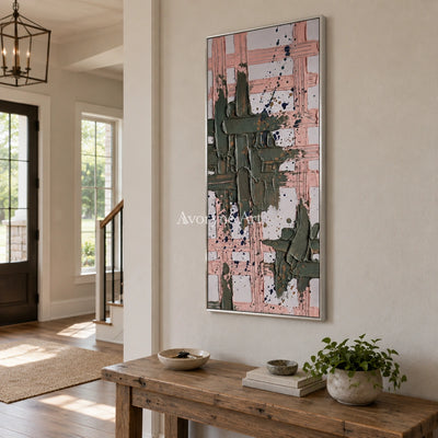 Weathered Memory sage earth grid wall art with a silver frame in an entryway