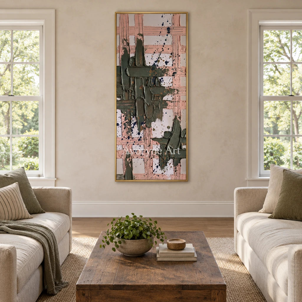 Weathered Memory sage earth grid wall art with a gold frame hanging in a living room