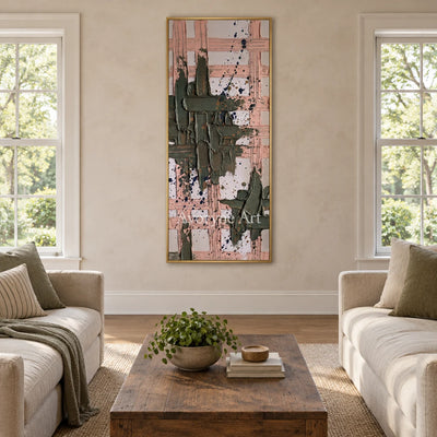 Weathered Memory sage earth grid wall art with a gold frame hanging in a living room