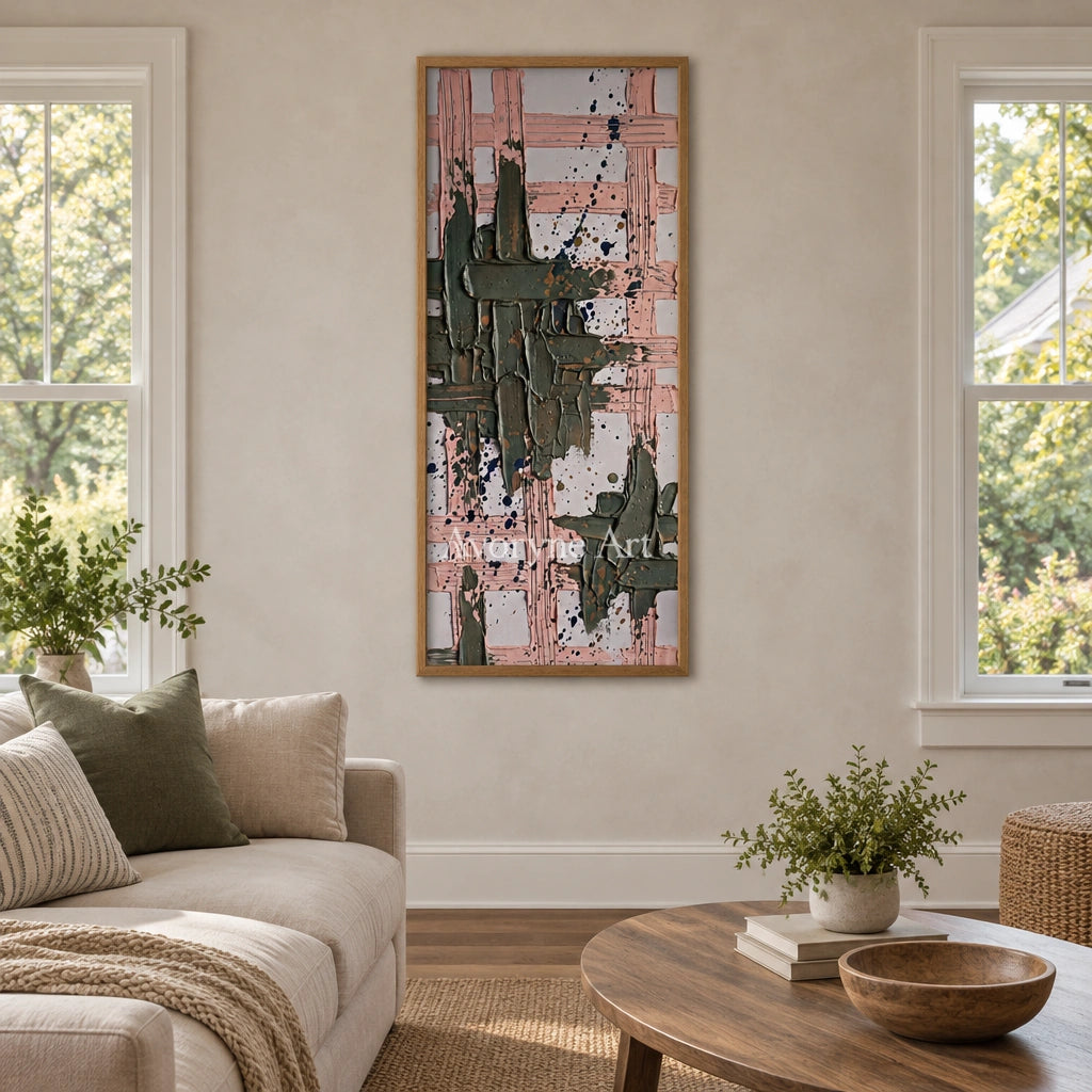 Weathered Memory sage earth grid wall art with a wood frame in a villa living space