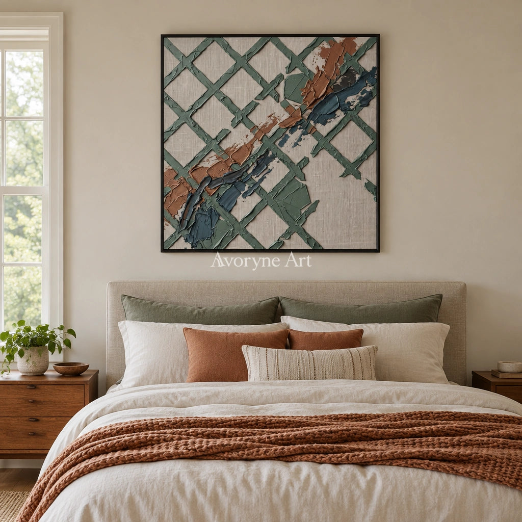 Weathered Solace sage earth grid wall art with a black frame above a bed in a bedroom