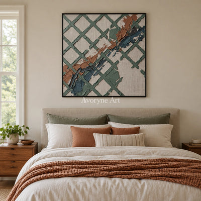 Weathered Solace sage earth grid wall art with a black frame above a bed in a bedroom