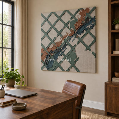Weathered Solace sage earth grid wall art as a frameless stretched canvas in a home office