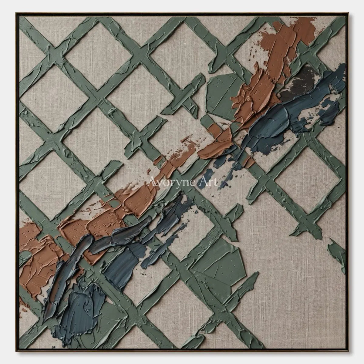 Weathered Solace, hand-painted sage earth grid wall art by Lin Qiao