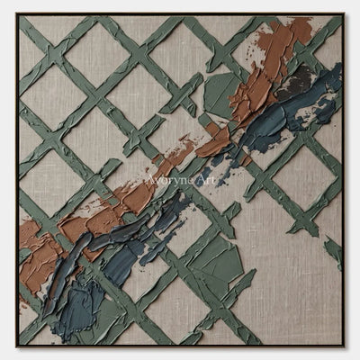 Weathered Solace, hand-painted sage earth grid wall art by Lin Qiao