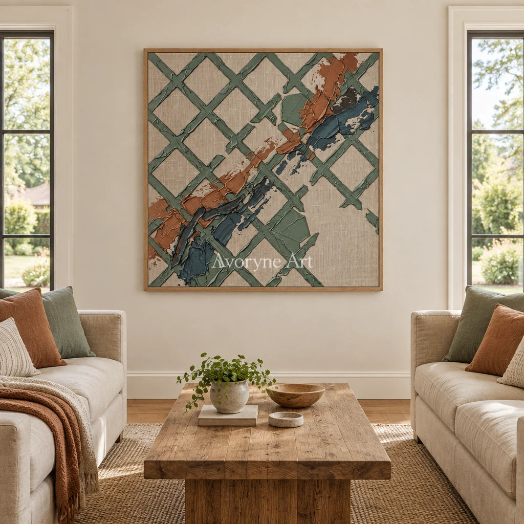 Weathered Solace sage earth grid wall art with a wood frame in a villa living space