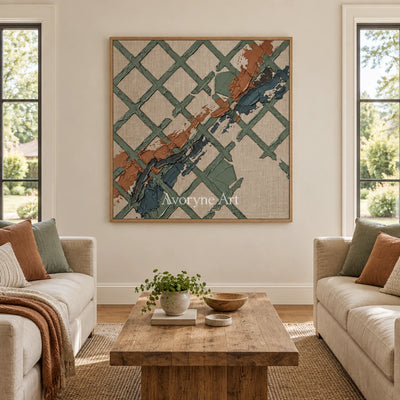 Weathered Solace sage earth grid wall art with a wood frame in a villa living space