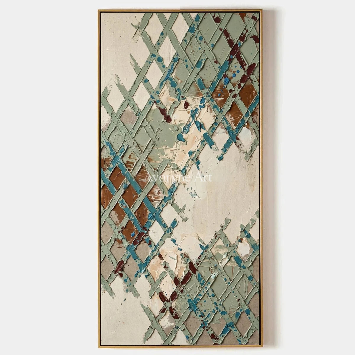 Weathered Sonata, hand-painted sage earth grid wall art by Lin Qiao
