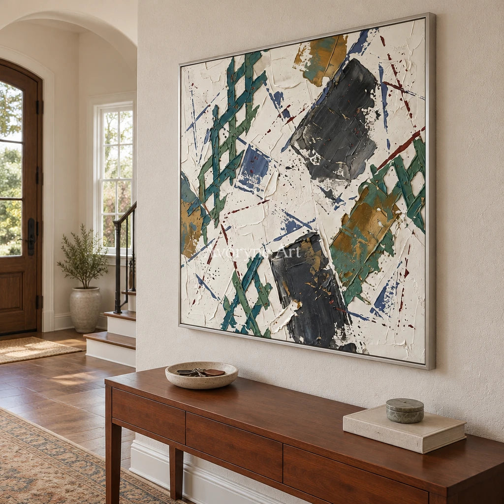 Earthen Echo sage earth grid wall art with a silver frame in an entryway