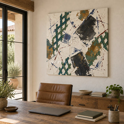 Earthen Echo sage earth grid wall art as a frameless stretched canvas in a home office