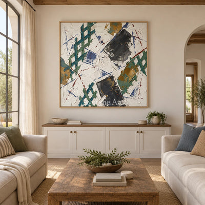 Earthen Echo sage earth grid wall art with a wood frame in a villa living space