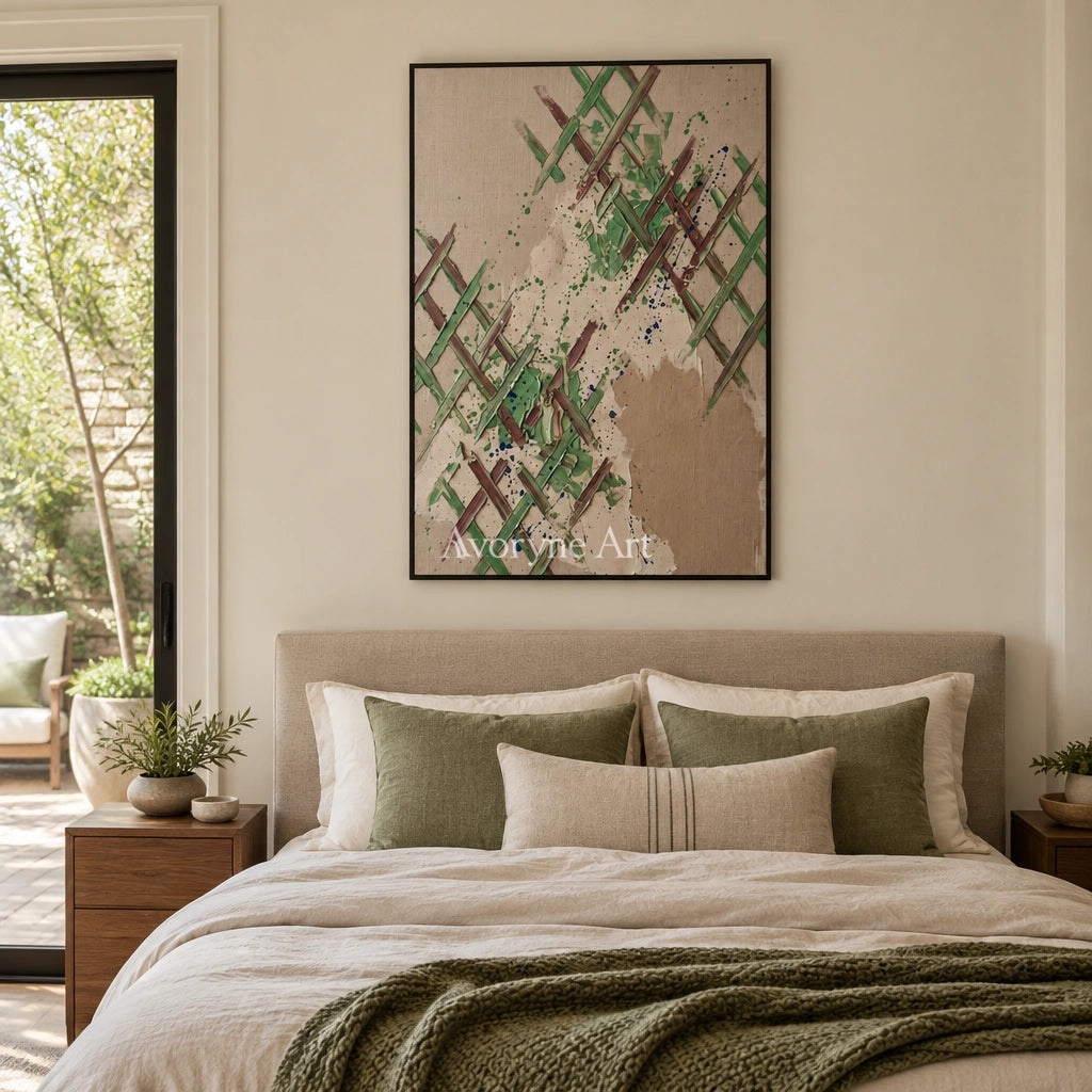Earthen Trace sage earth grid wall art with a black frame above a bed in a bedroom