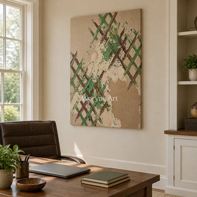 Earthen Trace sage earth grid wall art as a frameless stretched canvas in a home office