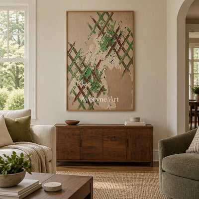 Earthen Trace sage earth grid wall art with a wood frame in a villa living space