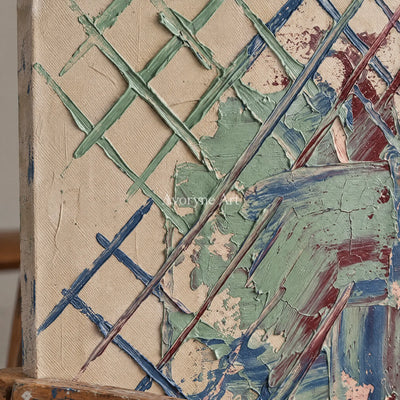 Close-up of the hand-painted texture of Earthen Current sage earth grid wall art on an easel