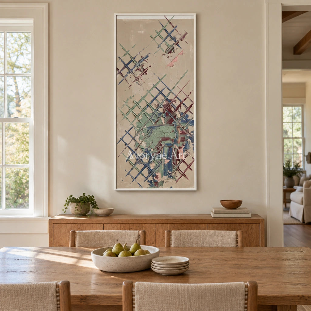 Earthen Current sage earth grid wall art with a white frame in a dining room