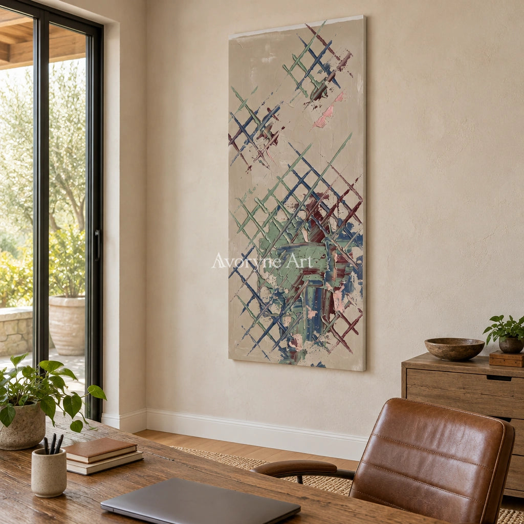 Earthen Current sage earth grid wall art as a frameless stretched canvas in a home office