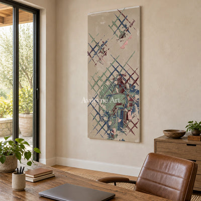 Earthen Current sage earth grid wall art as a frameless stretched canvas in a home office
