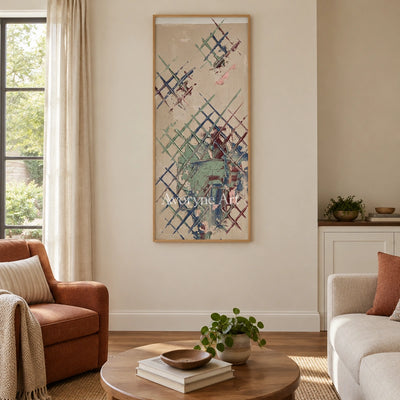 Earthen Current sage earth grid wall art with a wood frame in a villa living space