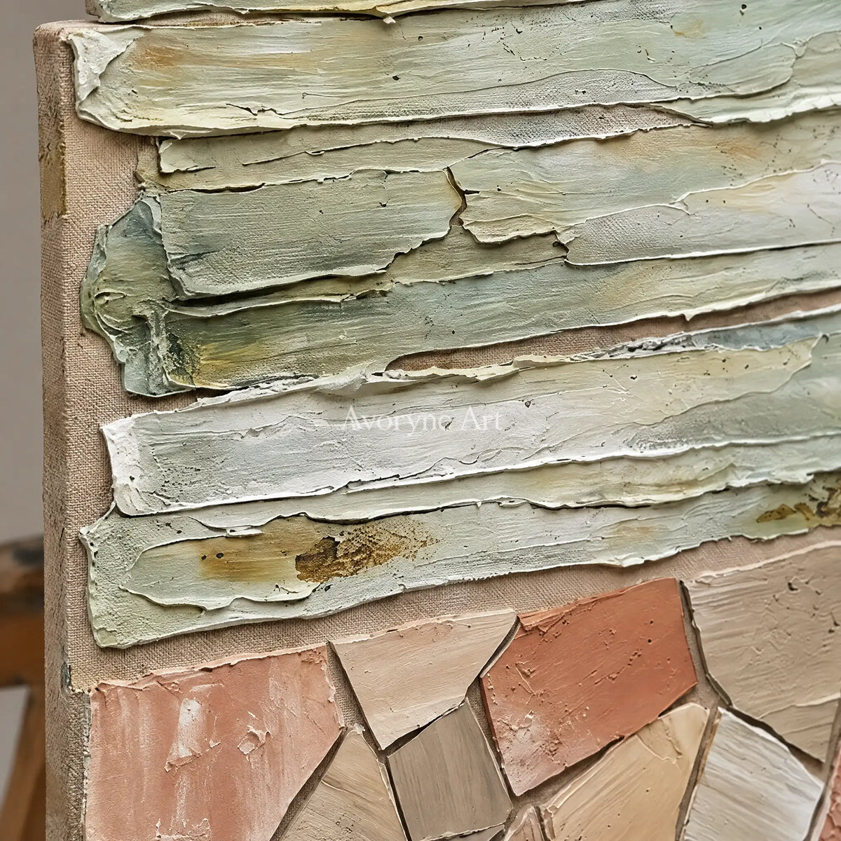 Close-up of the hand-painted texture of Mineral Field sage geometric relief wall art on an easel