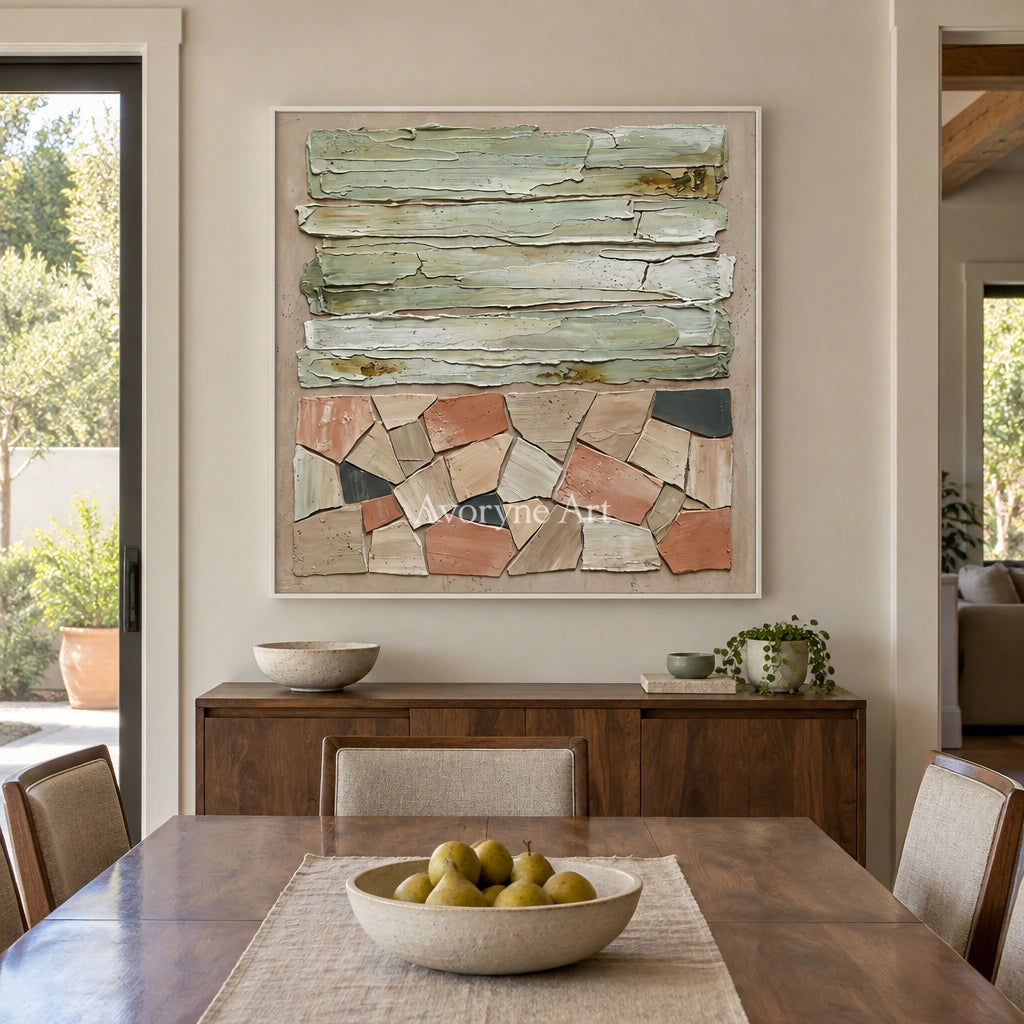 Mineral Field sage geometric relief wall art with a white frame in a dining room