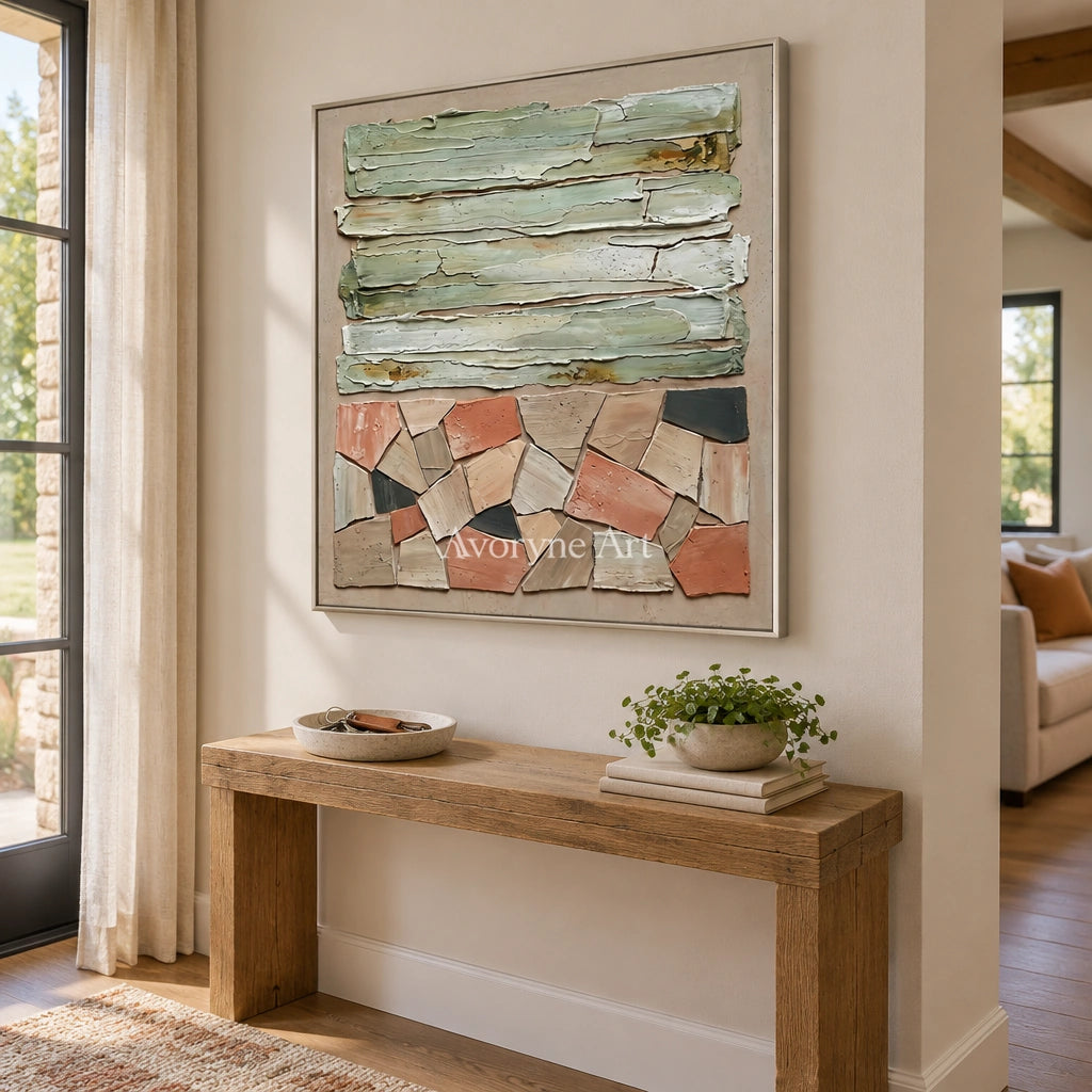 Mineral Field sage geometric relief wall art with a silver frame in an entryway