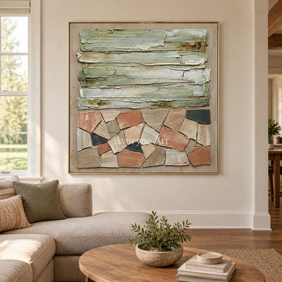 Mineral Field sage geometric relief wall art with a gold frame hanging in a living room