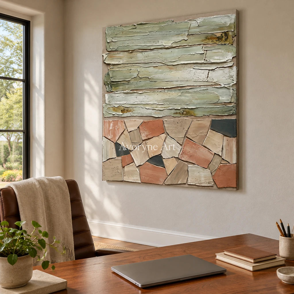 Mineral Field sage geometric relief wall art as a frameless stretched canvas in a home office