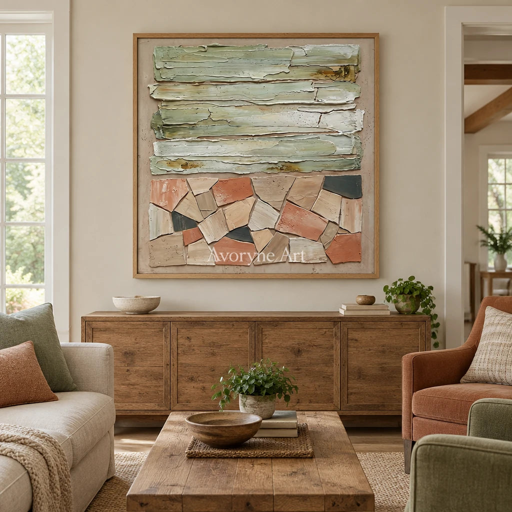 Mineral Field sage geometric relief wall art with a wood frame in a villa living space